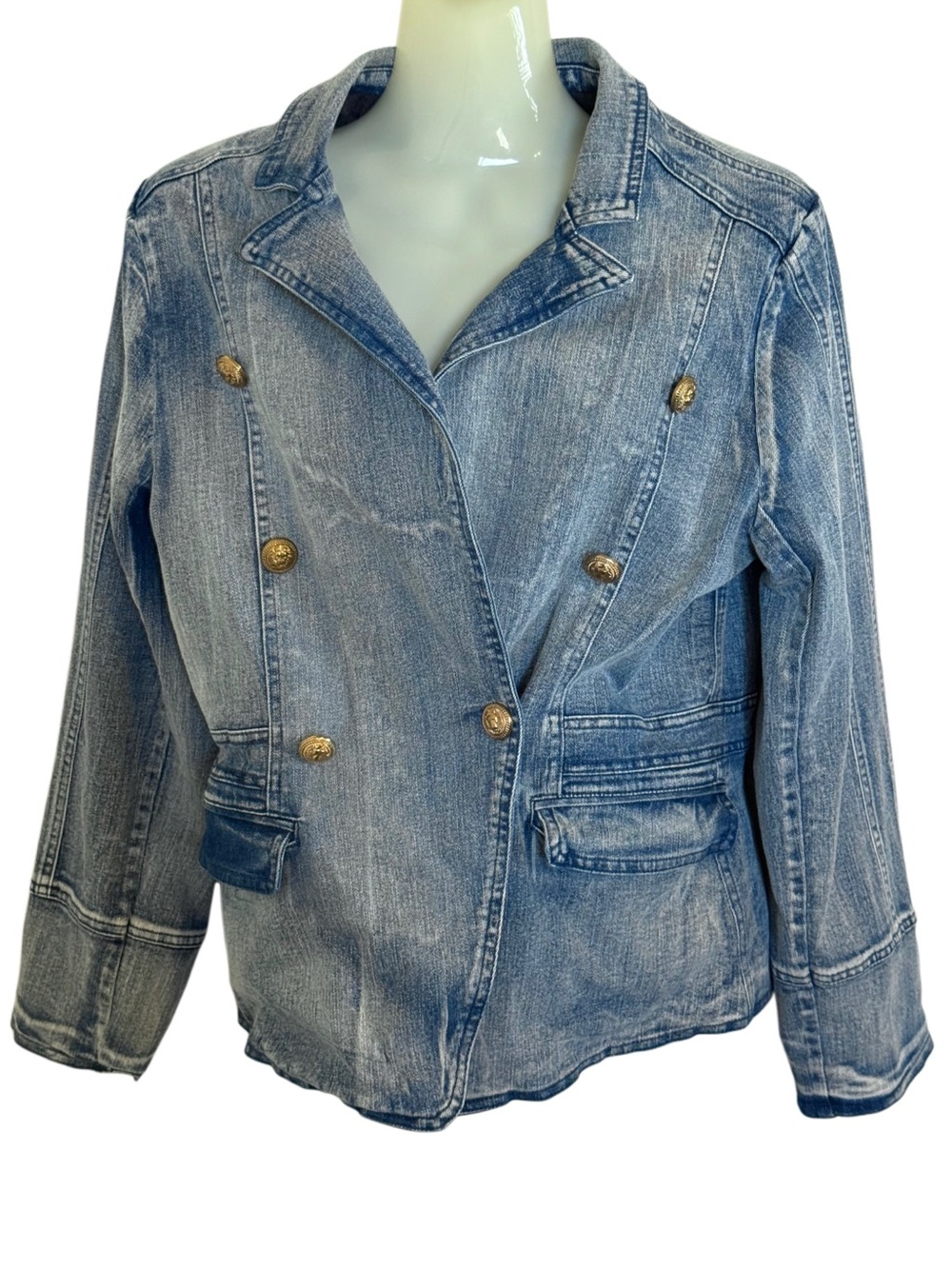 Adam & Amber Denim Blazer Jean Jacket Gold Buttons Double Breasted Size Small - Picture 3 of 11